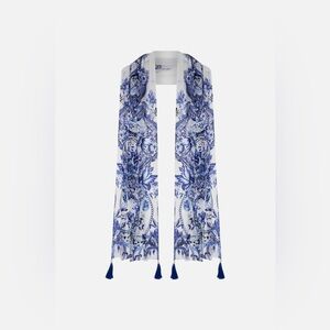 CAMILLA “Glaze and Graze” blue white silk Royal Delft floral scarf top belt wrap